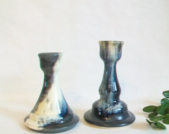 Candlestick Holders -- Black, White, Gray - Handmade on the Potters Wheel - Listing for the pair of Holders - Ready to Ship
