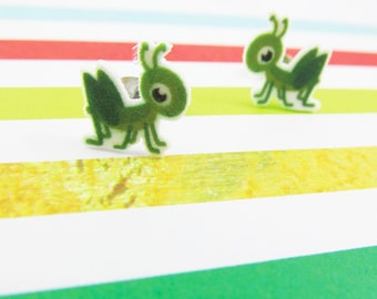 Grasshopper, green, insect, earring, green grasshopper, print on plastic, stainless stud, handmade, les perles rares