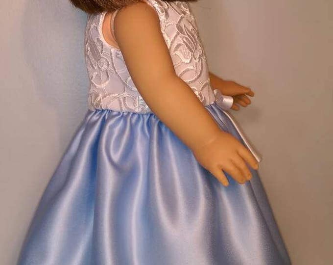 Blue satin summer party doll dress with white lace bodice fits 18 inch dolls