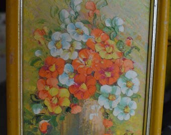 Original Framed Oil Painting on Wood, Orange, Yellow, White Flowers in Vase