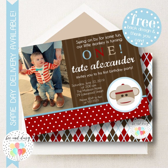 Sock Monkey Invitation, Sock Monkey Birthday Invitation, Sock Monkey Party, Boy First Birthday, Boy Birthday, Sock Monkey Invite Il_570xn