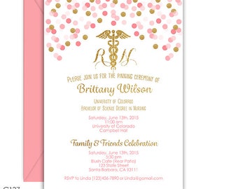 Nursing Graduation Invitation, RN or LVN, Pink and Gold confetti, Digital file or Printed, purple, blue, navy and other colors available