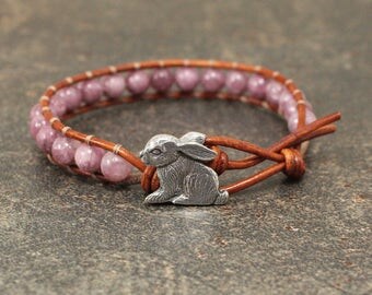 Gemstone Bunny Bracelet Pink Bunny Jewelry Shabby Boho Chic Rabbit Jewelry