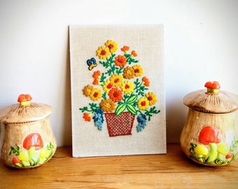 Vintage Orange and Yellow Flowers with Bumble Bee Crewel - 1970's Crewel - Embroidery Art