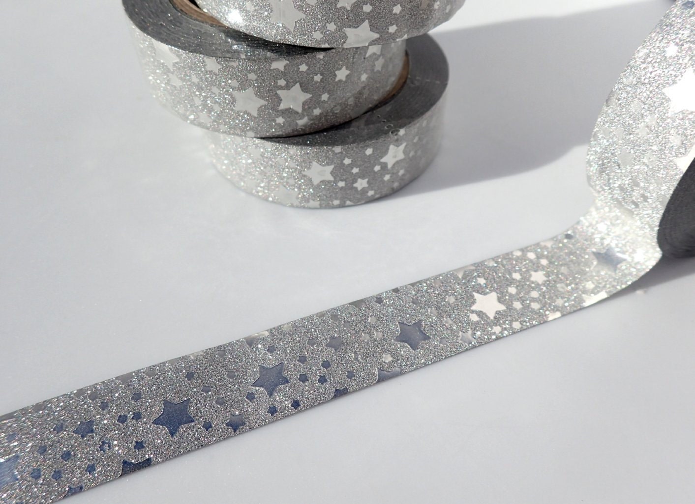 Silver Stars on Glitter Washi Tape - Paper Tape with Silver Stars ...