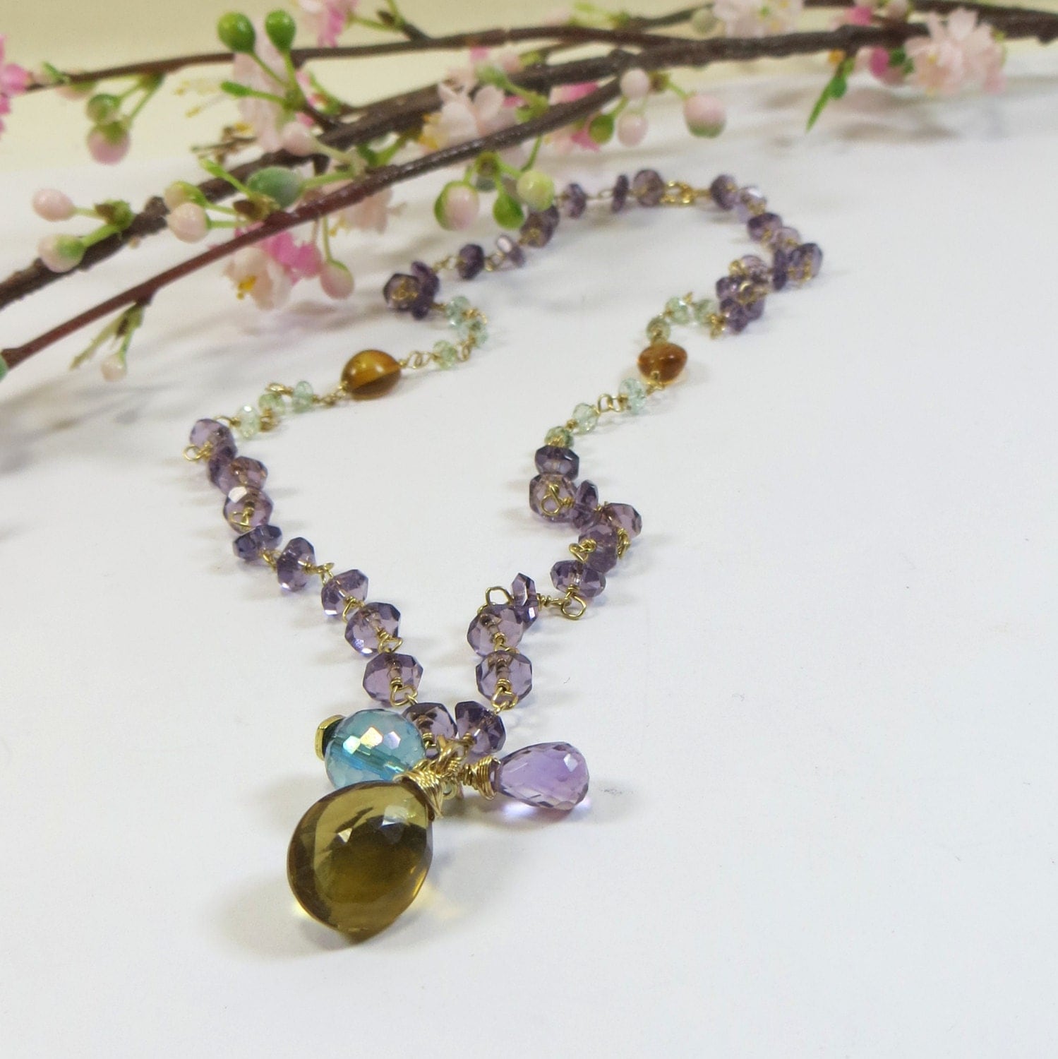 Amethyst Gem Necklace Old Soul Necklace Amber Whisky Quartz