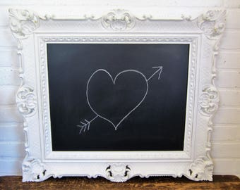 Vintage Syroco Type White Gold Ornate Framed Chalk Board 27"x24"