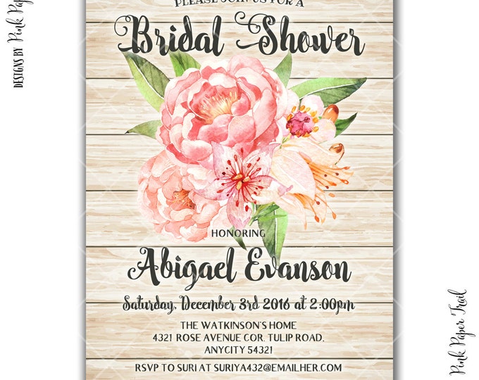 Rustic Floral Pink and Peach Peonies Shabby Chic Baby Shower Party Invitation, Girl Baby Shower Invitation, I will customize, Print your own