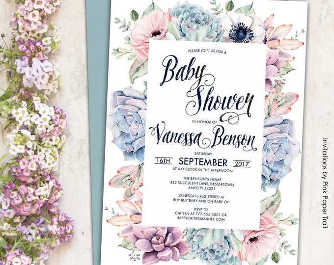 Sweet Dainty Floral Succulent Boho Chic Baby Shower Invitation, Succulent Protea Anemone Rustic Printable Invitation
