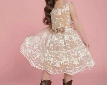Flower Girl dress, lace flower girl dress, girls lace dress, Champagne lace dress, rustic flower girl dress,Country flower girl dress.
