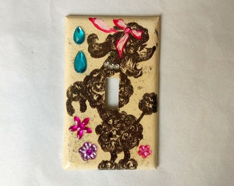 Upcycled Vintage Wallpaper Switch Plate Black Poodle with Pink Aqua Purple Rhinestones Switchplate (027)