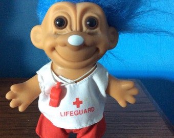 Lifeguard troll doll, Russ troll vintage, blue hair, original Troll doll red white lifeguard clothes original