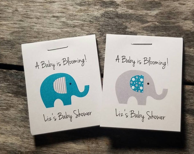Personalized MINI Elephant Baby Shower Party Flower Seeds Packet Favors Gray and Teal Blue Wildflower Seed Cute Little Favors