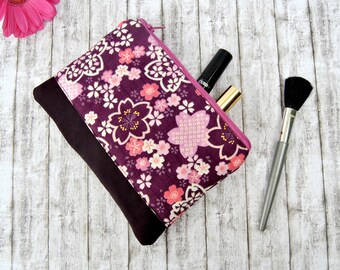 Zipper pouch make up bag, pochette purple cherry blossom japanise canvas handbag wallet pencil case,