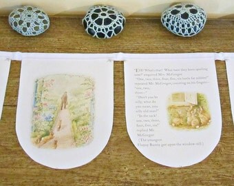 Beatrix Potter Bunting. The Tale of The Flopsy Bunnies Peter Rabbit. Wall Hanging Children Decor Garland. White Woodland Farm Hedgehog
