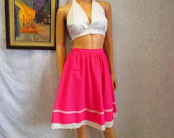 70s S 25" A Line Cotton & Lace Prairie SKIRT Hot Pink
