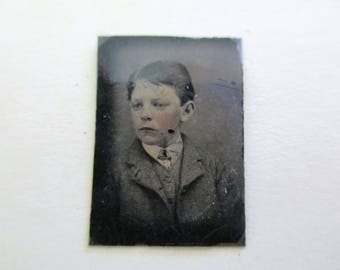 antique miniature gem tintype photo - 1800s, young boy, rosy creeks