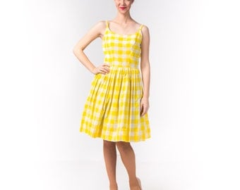 1950's Yellow Gingham Sundress / 50's Plaid Cotton Summer Dress