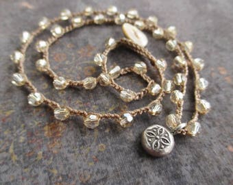 Dainty crochet necklace - Barely There - neutral Swarovski crystal Thai silver neutral bohemian boho layering yoga necklace by slashKnots
