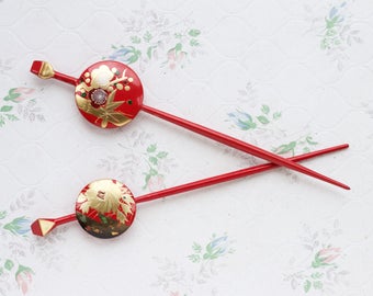 Japanese Hair Sticks - Pair of Red kanzashi - Urushi Lacquer