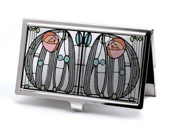 Charles Rennie Mackintosh Rose Floral Business Card Case, Art Nouveau Glasgow Style, Credit Card Case, Business Card Holder, Metal Wallet