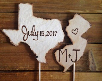 YOUR States Wedding Cake Toppers - Personalized with Carved Initials and your Wedding Date Texas Illinois Kansas California NY
