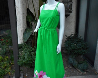 Vintage 1970's Molia for McInerny Long Green Cotton Sundress - Size 10
