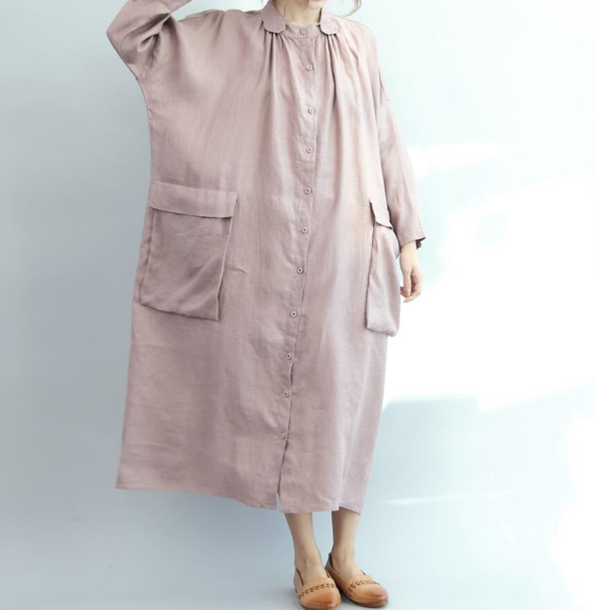 spring Large pocket dress Cotton and linen oversized long