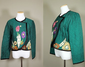 Embroidered Mexican Souvenir Jacket + Vintage 80s Girasol Emerald Green Quilted Jacket + Floral Wrap Jacket + Floral Embroidery +