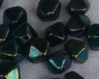 Vintage Czech glass BEADS. 8mm green IRIS rainbow bicone (12)