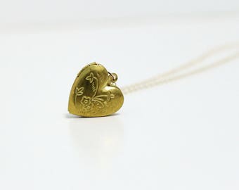 Tiny Heart Locket Necklace, Dainty Locket with Floral Design, Keepsake Jewelry, Long Gold Necklace, Delicate, Friendship Necklace, Gold Fill