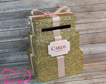 3 Tier Card Box | Gold Glitter, Gold Rhinestones & Blush Pink Satin Ribbon | Gift Money Box for Any Event | Additional Colors Available