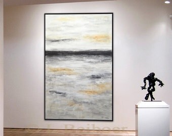Large landscape painting modern abstract painting original xxl landscape gray abstract 36 x 60 acrylic painting by L.Beiboer