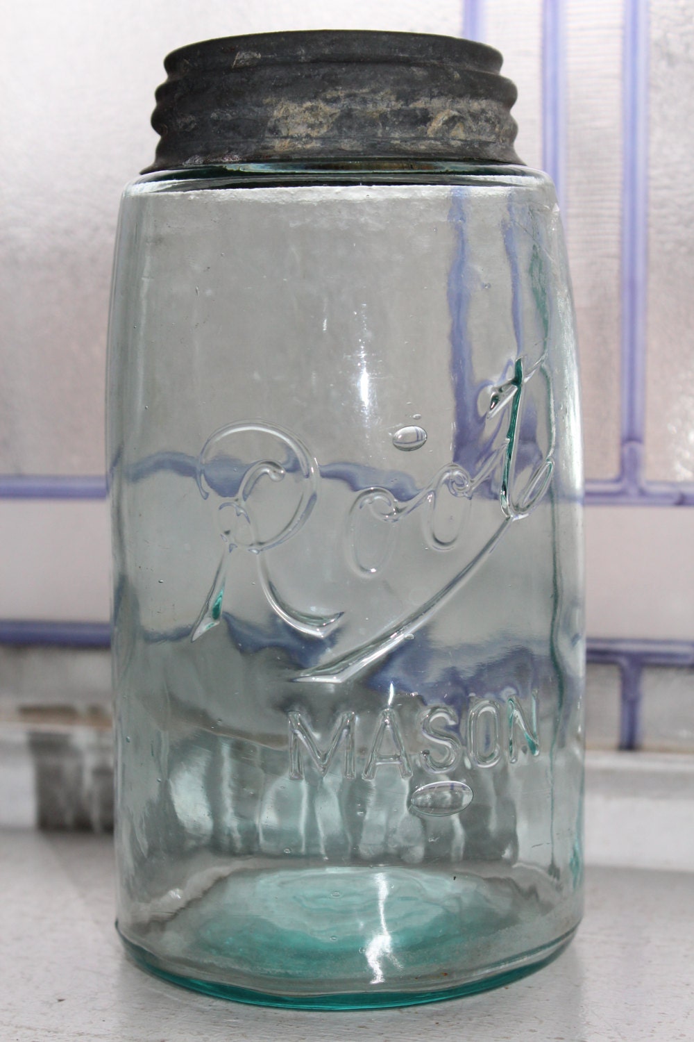 Blue Root Mason Jar Quart with Zinc Lid Antique 1900s