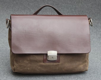 Waxed Canvas and Leather Messenger Bag, Laptop Bag, Men's Bag, Shoulder Bag, Boyfriend Gift, Field Tan Waxed Canvas