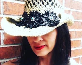 Women's Straw Cowboy hat with handmade leather flowers