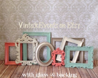 Mint - coral - PICTURE FRAMEs - vintage style - shabby chic - Wedding - Nursery - Glass and Backing