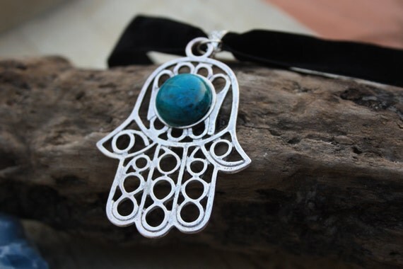 TURQUOISE HAMSA CHOKER -Chakra Necklace- Hand of Fathima- Statement Necklace- Choker- Christmas- Gift- Spiritual- Crystal- Chakra jewellery