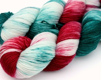 Kettle Dyed Sock Yarn, Superwash Merino, Nylon and Stellina, in "Holly and Ivy"