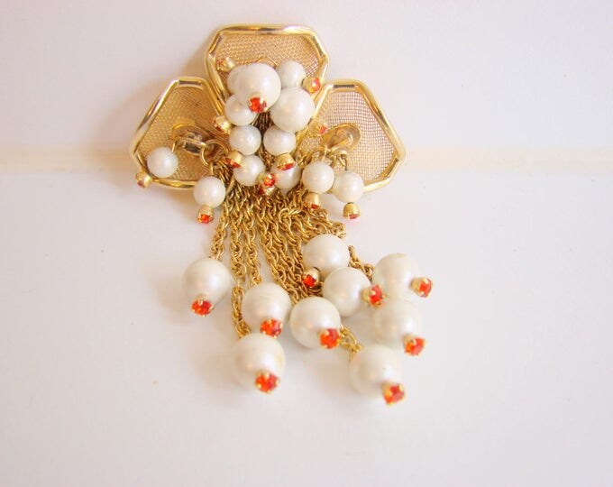 Large Vintage Girandole Pearl Rhinestone Brooch / Multi Chain / Statement Brooch / Orange Rhinestones / Jewelry / Jewellery