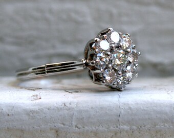 Vintage Platinum Diamond Cluster Wedding Engagement Ring - 1.53ct.
