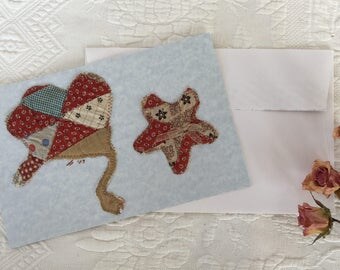 Blank Antique Quilt Cowgirl Note Card, Cowgirl Hat and Star using Antique Quilt Pieces Stitched onto Blank Card Stock. One Card Envelope.