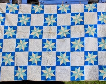Antique Patchwork Quilt Hand Quilted Vintage Stars Blue Aqua Yellow White 1930s
