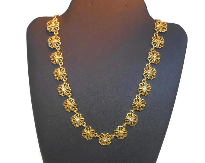 FREE SHIPPING Avon floral necklace, flower links, rhinestones and faux marcasite centers, gold tone, maked Avon SH, link chain, heart petals