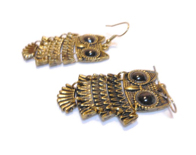 Articulated owl earrings, bronze 5 section dangle bird earrings, french hook, black cabochon eyes, movable sections