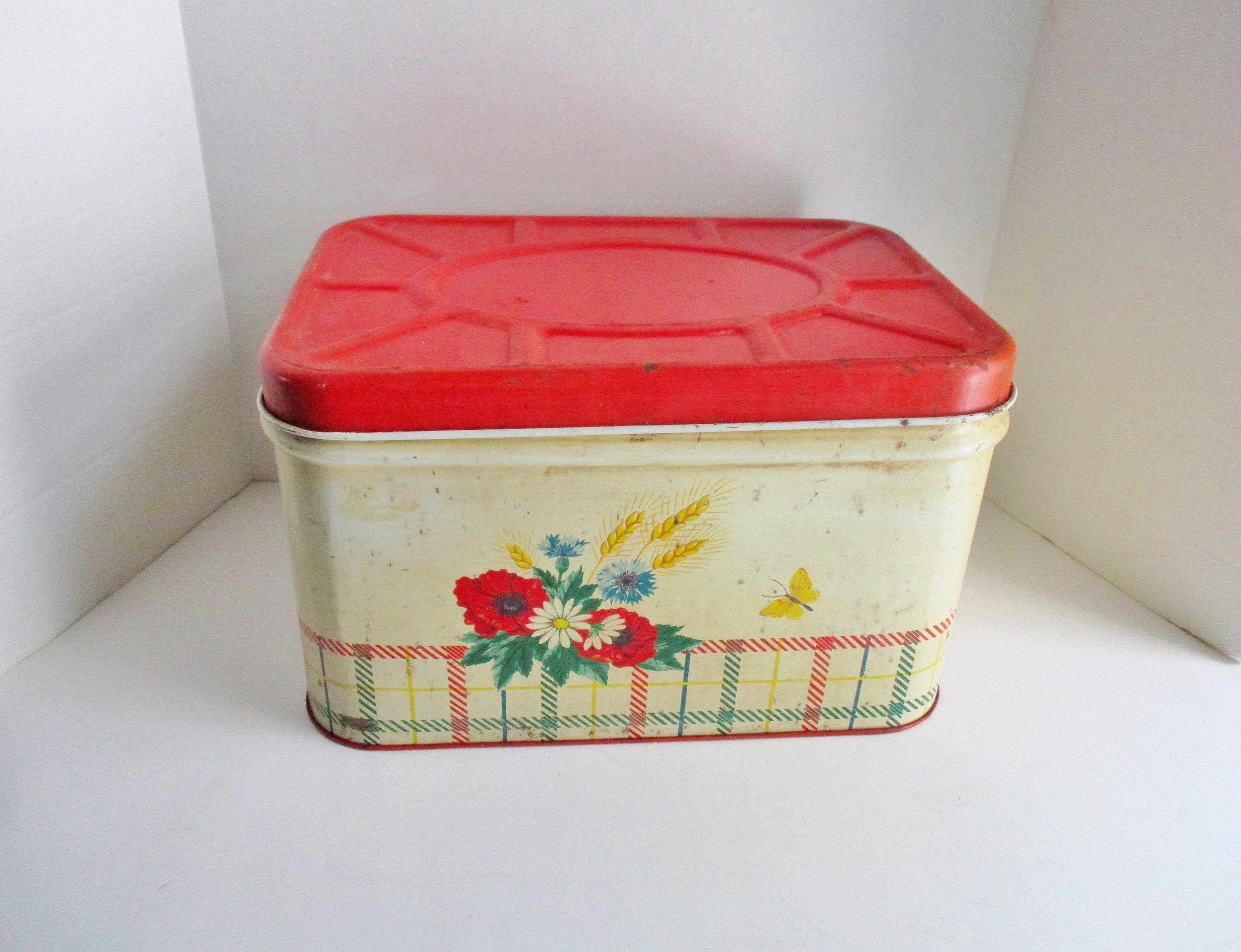 Vintage Bread Box Enamel Tin Red Plaid Floral Rustic Chippy