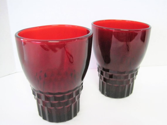 Ruby Red Depression Glass - Set of 2 Juice Glasses - Windsor Pattern by Anchor Hocking