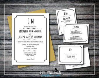 Printable Art Deco Wedding Invitation Set - Simple, Fun, 1920's Black and White - Wedding, anniversary - Custom Color