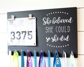 Running Medal Bib Holder She Believed She Could So She Did - Medal Holder, Medal Rack, Medal Display, Race Bib Display, Race Bib Holder