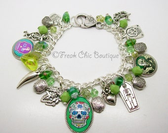 Day Of The Dead Charm Bracelet, Dia De Los Muertos, Charm Bracelet, Green Theme